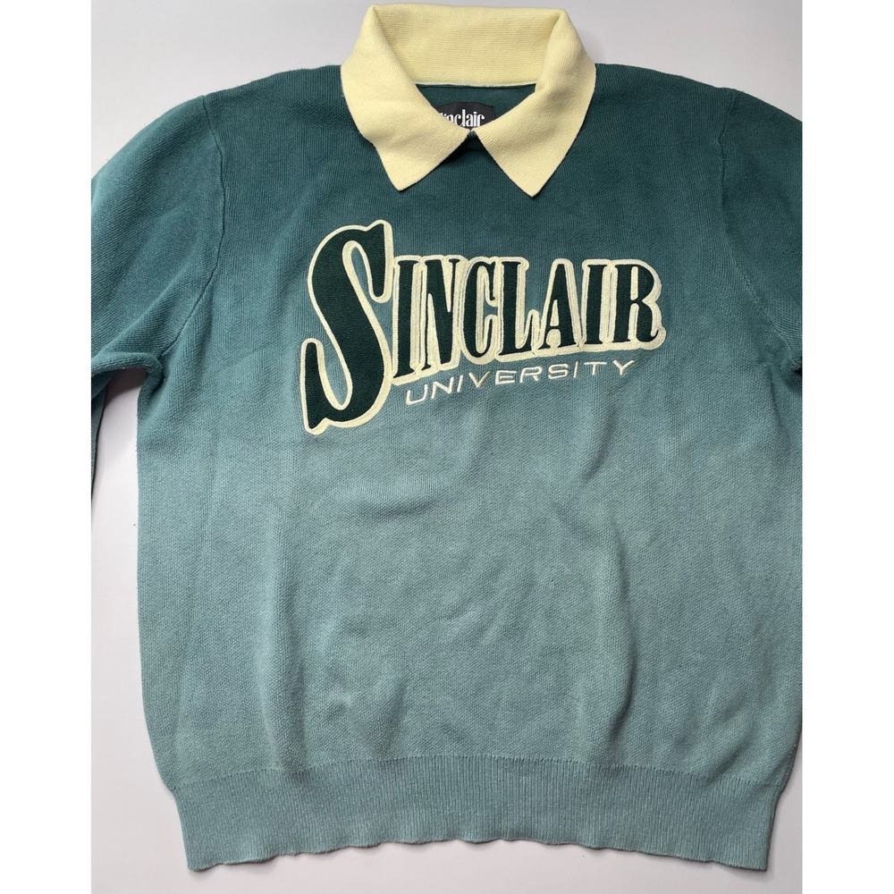 Sinclair University Sweater Mens Medium Teal Ombre Long Sleeve Cotton Top 90s - Picture 3 of 11